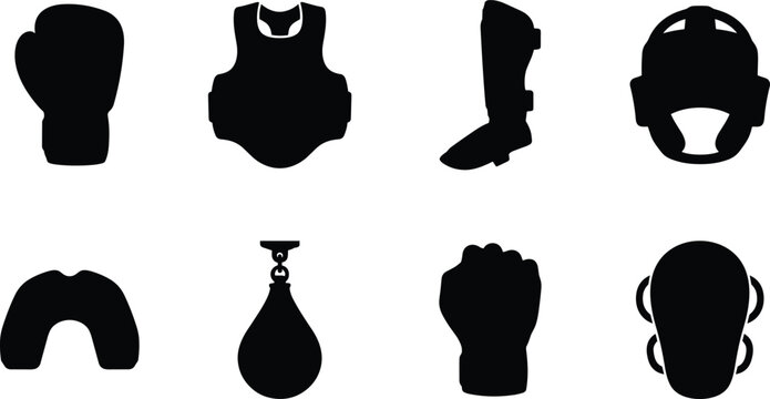 Martial arts and boxing equipment icon set featuring silhouette vector icons of protective gear for combat sports training