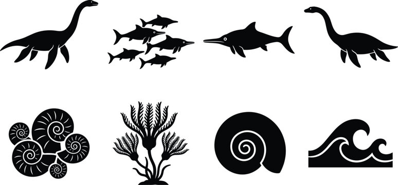 Prehistoric marine life silhouette set featuring plesiosaurus ichthyosaurus ancient ammonite shells sea waves and underwater plants isolated on white background