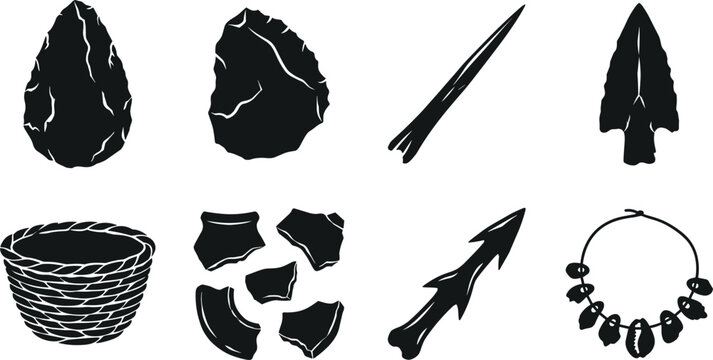 Prehistoric stone age tools and artifacts collection silhouette icons featuring hand axe arrowheads wicker basket and primitive shell necklace