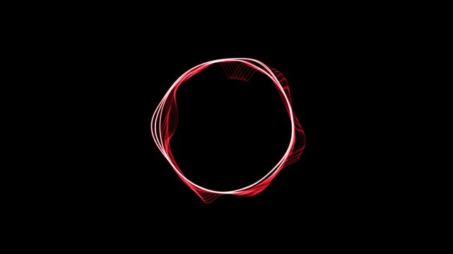 Red reactive audio sphere animation with vibrant waveform particles and futuristic equalizer effects on deep black screen background ultra HD 4K