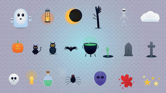 Halloween vector icon set bundle featuring spooky ghost pumpkin cat bat skull and magic cauldron elements for design