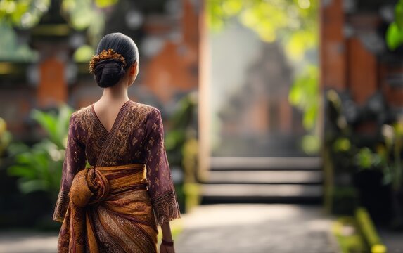 Elegant Woman in Traditional Balinese Kebaya and Saron Attire at Ceremony
