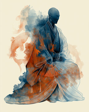 Meditating Monk in Kimono Robe Holding Fan Amid Orange and Blue Watercolor with Koi Fish