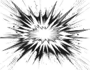 Explosion boom flash showing pop art speech vintage retro action cartoon monochrome black white dotted texture pattern. © Josnara