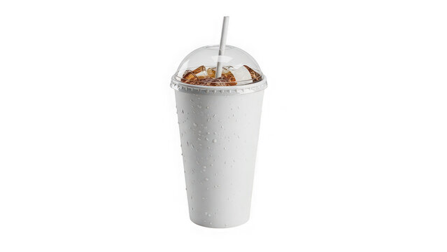 Cold soda or iced tea in a white disposable cup with a plastic dome lid and straw isolated on transparent background