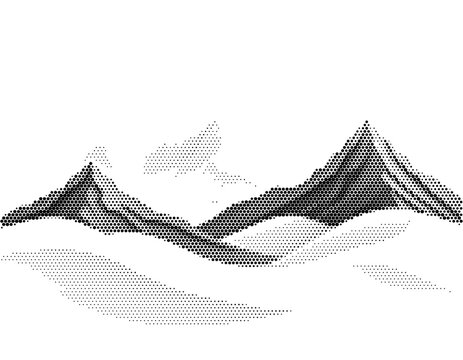 Peak hill mountain landscape displaying beautiful outdoor nature travel tourism scenery monochrome black white dotted pattern texture.