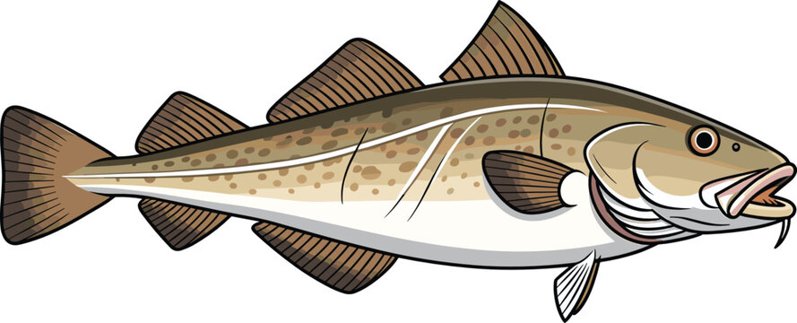 Cod fish illustration featuring detailed line art vector style for Atlantic seafood restaurant menu packaging and culinary branding graphic design.