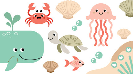 Sea creatures collection featuring cute cartoon whale jellyfish crab sea turtle starfish and fish vectors for children nursery graphic design. © IVY QUEEN