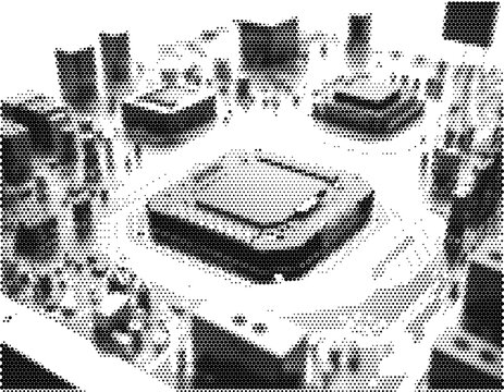 Monochrome black white dotted texture pattern background displaying digital electronic data system network hardware motherboard chip cpu processor.