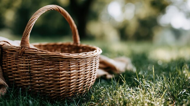 This depicts an empty wicker picnic basket resting on vibrant green grass in a park. The natural background with bokeh highlights the serene and peaceful atmosphere.