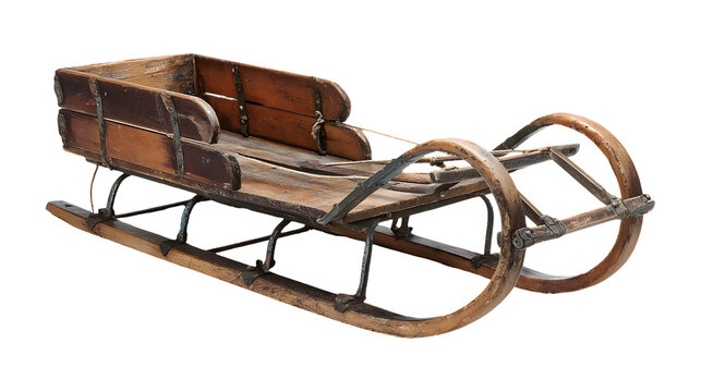 Vintage Wooden Sled with Metal Runners for Winter Fun isolated on a white background