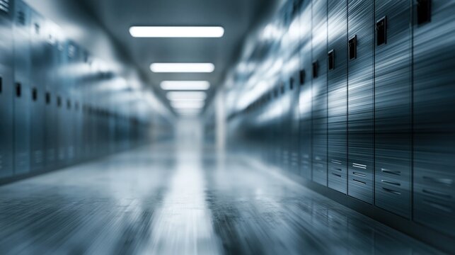 This depicts an empty school hallway lined with lockers, conveying themes of education, loneliness, and nostalgia. The long corridor with blurred motion suggests a passage of time or a quiet.