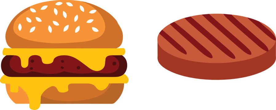 Cheeseburger and grilled beef patty vector set featuring melting cheese sesame bun and barbecue marks for fast food restaurant menu graphic design.