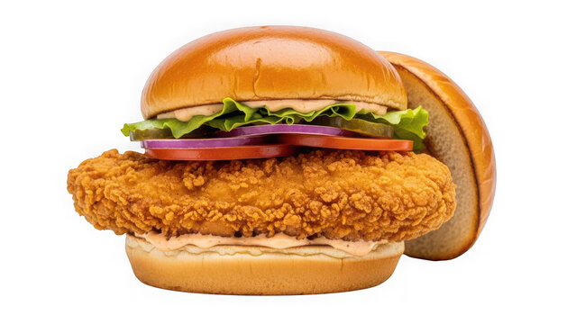 Crispy fried chicken sandwich with lettuce, tomato, red onion, and pickles isolated on transparent background