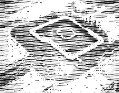 Hardware motherboard chip cpu processor circuit displaying digital electronic data system network monochrome black white dotted pattern texture.