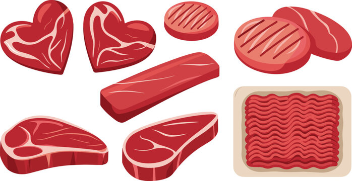 Raw meat collection featuring beef steaks burger patties minced meat tray brisket cuts and pork chops for butchery branding packaging and culinary graphic design elements.