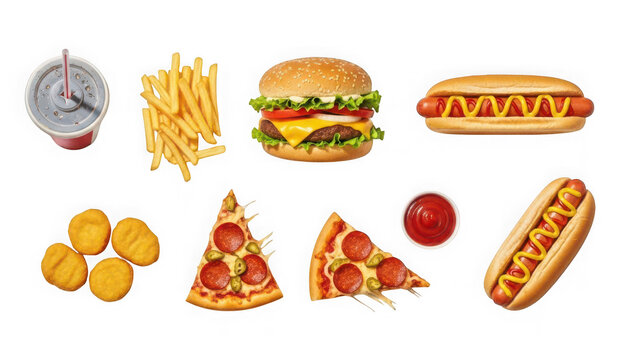 Set of various fast food items including burger, hot dog, french fries, chicken nuggets, pizza slices and ketchup isolated on transparent background