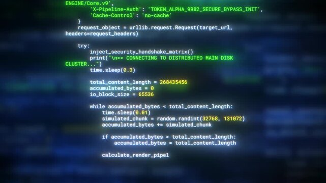 Abstract macro shot of scrolling programming code on computer screen with selective focus. Futuristic digital software development technology concept. Python source code on screen with bokeh effect.