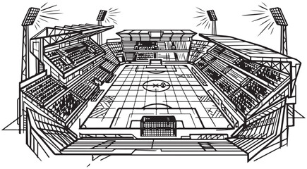 Soccer stadium line art illustration with football pitch stands and floodlights for sports competition and arena design © Andikia