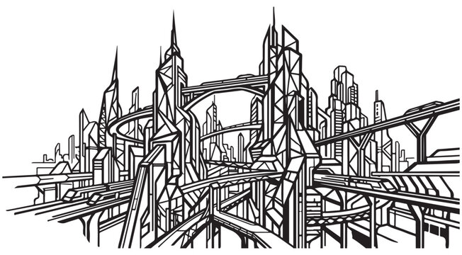 Futuristic city skyline vector illustration with skyscrapers bridges and monorails for sci-fi urban landscape and coloring book design