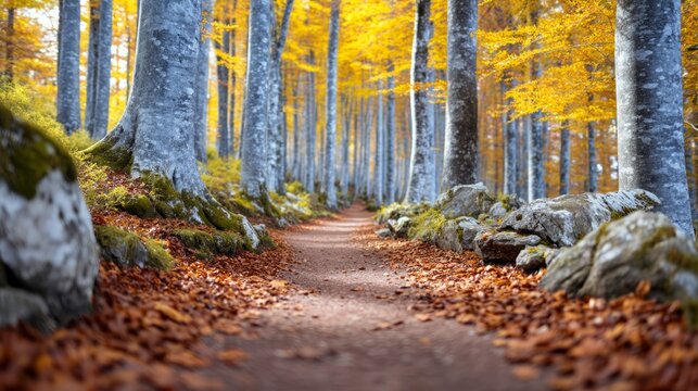 Serene Hiking Trail Through Autumn Forest with Red Leaves and Scenic Path