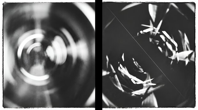 Split screen collage of abstract black and white circular light patterns, featuring motion blur and sharp geometric reflections in a dark room
