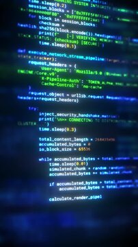 Abstract macro shot of scrolling programming code on computer screen with selective focus. Futuristic digital software development technology concept. Python source code on screen with bokeh effect.