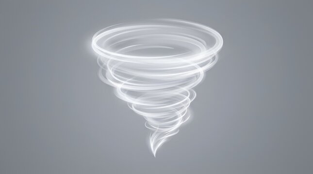 Swirling white tornado or vortex shape made of light trails and smoke effects isolated on a solid neutral gray background