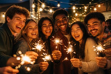 Fototapeta premium A group of six friends gathers outdoors at night, smiling and holding sparklers in their hands. Bright lights hang above them, creating a festive mood as they enjoy their time together.