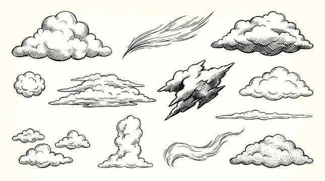 Hand draw black ink sketch collection of cloud type vector illustration isolate on white background