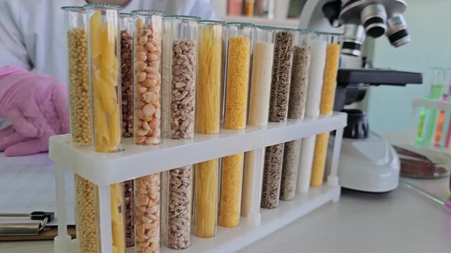 Different cereals in glass test tubes on table in laboratory.  Food production concept