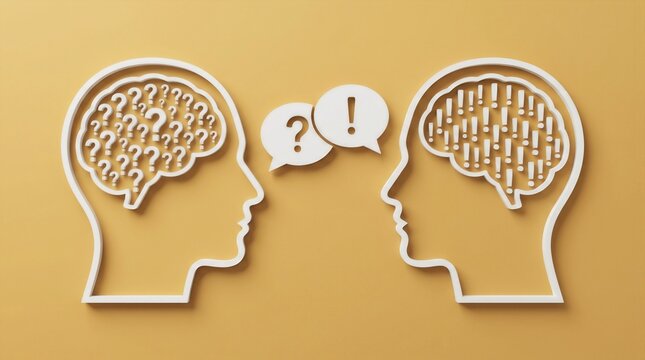 Two human profile silhouettes with brains full of question and exclamation marks representing communication, problem solving, and psychology concept.