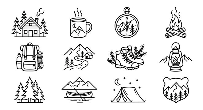 Camping icons and travel symbols set.