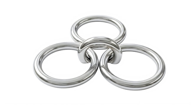 Three shiny polished chrome metal rings linked together in a symmetrical triangular arrangement