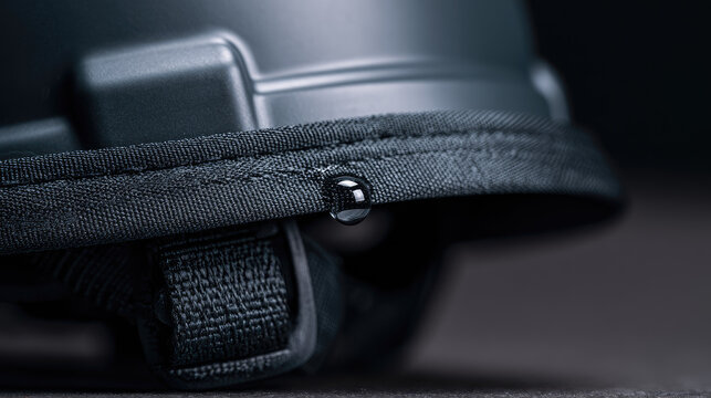 Hard hat sweatband macro of single clear water drop on textured helmet band, dark minimal background with bright studio light and calm industrial detail