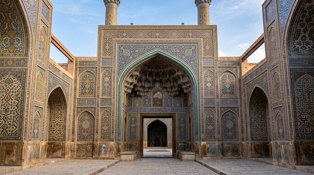 Persian Mosque Grand Iwan Entrance Blue Tile Ornate Facade