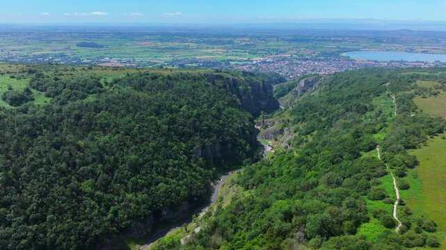 Reversing aerial shot of Cheddar Gorge, Somerset, UK