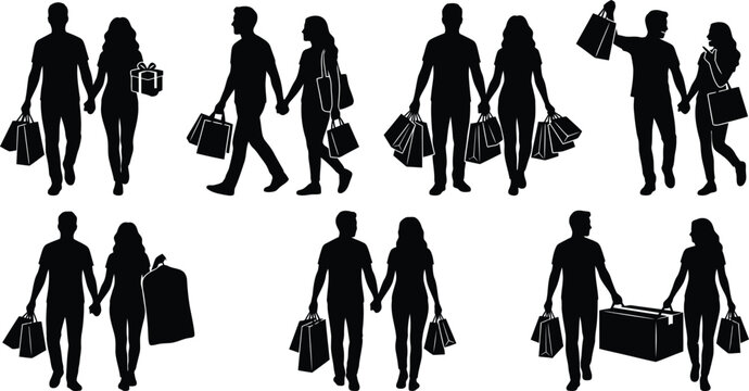 Couple shopping together silhouette collection, man and woman holding hands with shopping bags vector, consumerism and retail partnership symbols, husband and wife shopping trip icons isolated