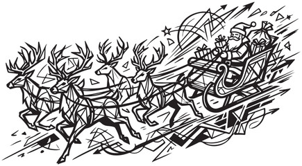Santa Claus in sleigh pulled by reindeer with presents in geometric line art style for Christmas holiday celebration © Andikia