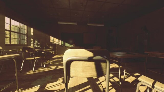 Sunlit empty classroom with desks and long shadows, warm sepia light filling wooden interior, dust motes floating through tall windows, scattered notebooks