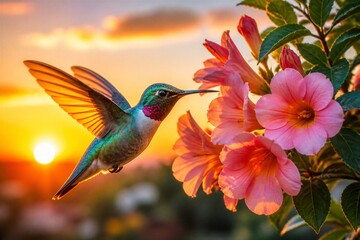 Fototapeta premium A hummingbird is hovering near pink flowers as the sun sets behind it. The sky shows warm colors while the bird seeks nectar. This scene captures a moment in nature's cycle.
