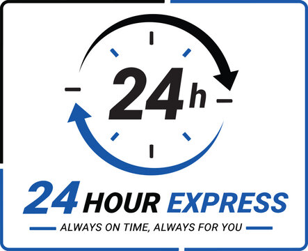 24 hour express delivery logo with clock icon and arrow for fast service branding