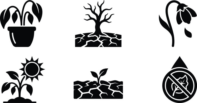 Plant drought silhouette collection, dying plant in cracked earth vector, wilted flower and dehydration symbols, climate change and water scarcity icons, environmental drought awareness graphics 
