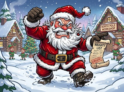 Aggressive santa claus shouting and holding urgent naughty list sign.