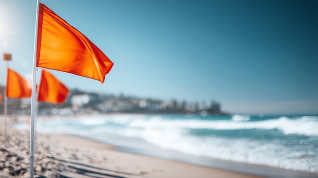 Professional Beach Flags with Timing Equipment at Sunset by the Shoreline