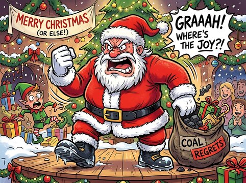 Outraged santa claus shouting about joy in festive christmas scene.