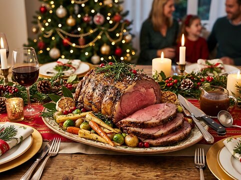Christmas dinner featuring a prime rib roast with roasted vegetables and wine.