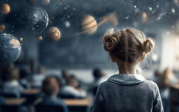 Young Girl in Primary School Classroom Observing Space and Astronomy Concepts