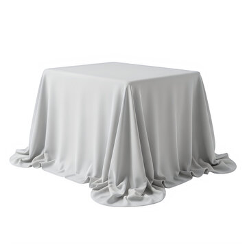 Square table covered with a clean white tablecloth isolated on transparent background, illustration