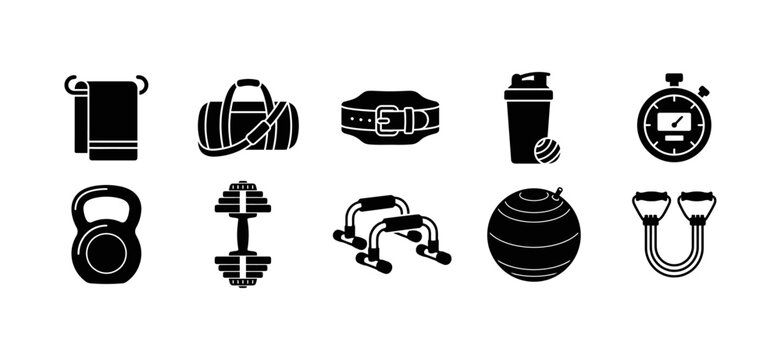 Fitness Training Equipment Black Glyph Icon Set &ndash; Towel, Gym Bag, Weightlifting Belt, Shaker Bottle, Stopwatch, Kettlebell, Dumbbell, Push Up Bar, Stability Ball, Resistance Band Vector Collection